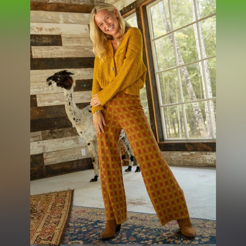Natural Life On The Horizon Gold Check Wide Leg Pants M NWT - Picture 2 of 7